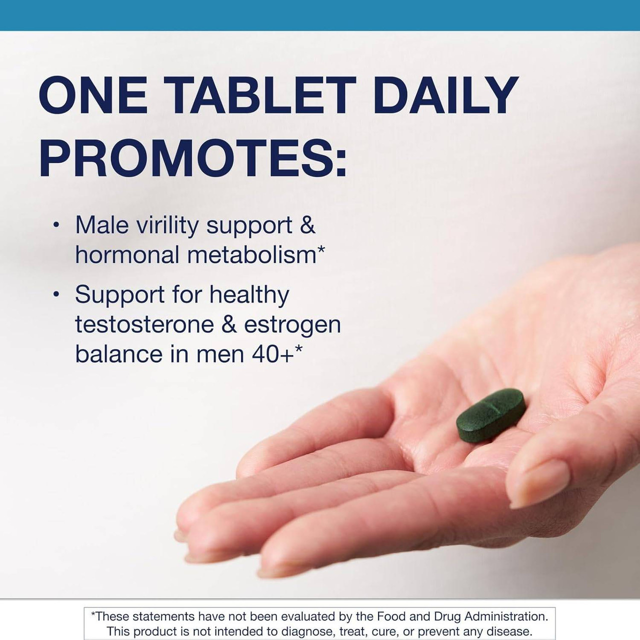 Hand holding a green Testralin tablet, one tablet daily graphic