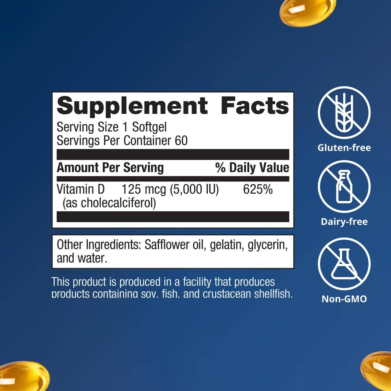 Vitamin D3 5000 supplement facts with gluten-free, dairy-free and non-GMO icons
