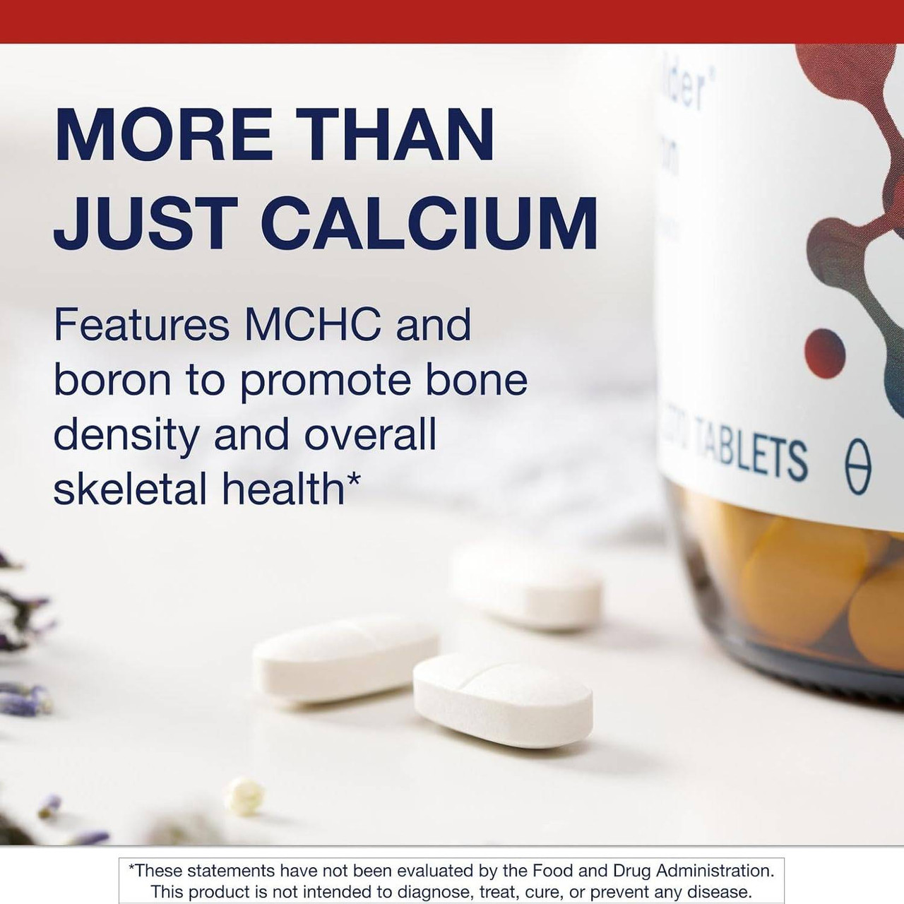 Bone Builder with Boron tablets beside the bottle, more than just calcium with MCHC and boron graphic