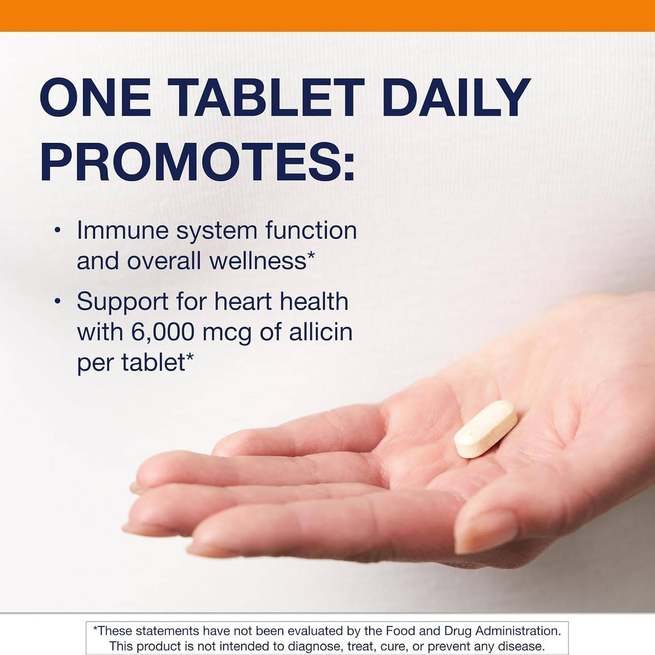 Hand holding a tablet, one tablet daily graphic, 6,000 mcg of allicin per tablet