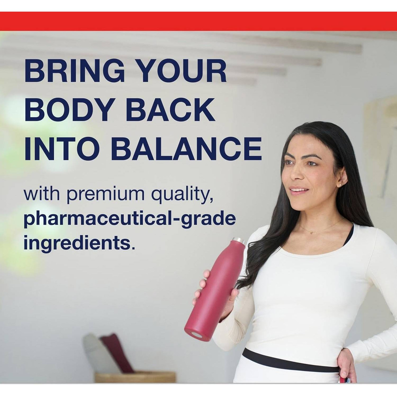 Woman with a water bottle, bring your body back into balance graphic