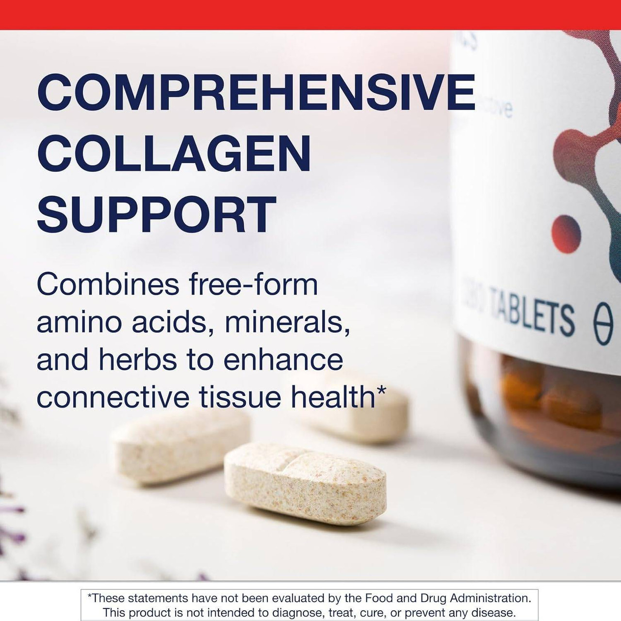 Collagenics tablets beside the bottle, comprehensive collagen support graphic
