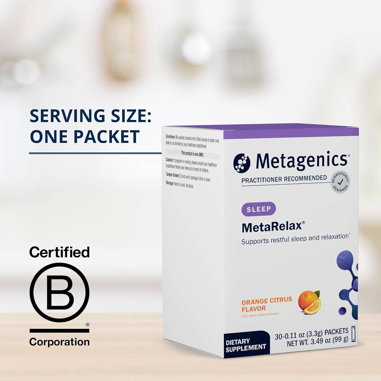 MetaRelax box with one-packet serving size and B Corp logo