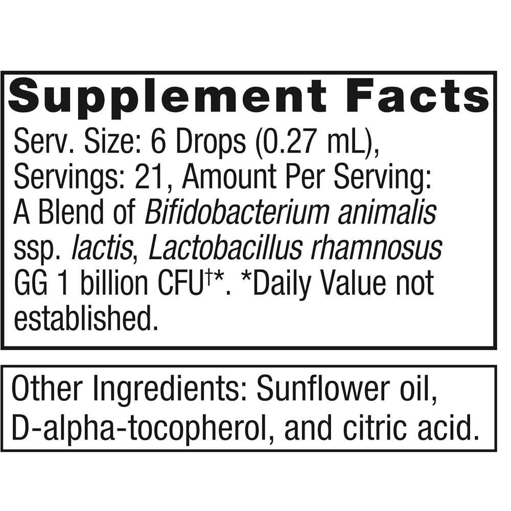 Baby probiotic supplement facts, 6 drops (0.27 mL) serving, 21 servings