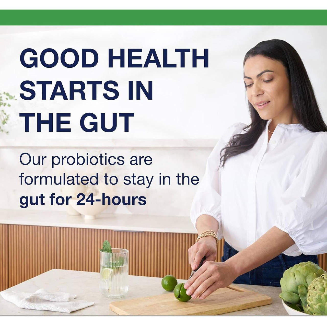 Woman preparing vegetables with probiotic gut health message
