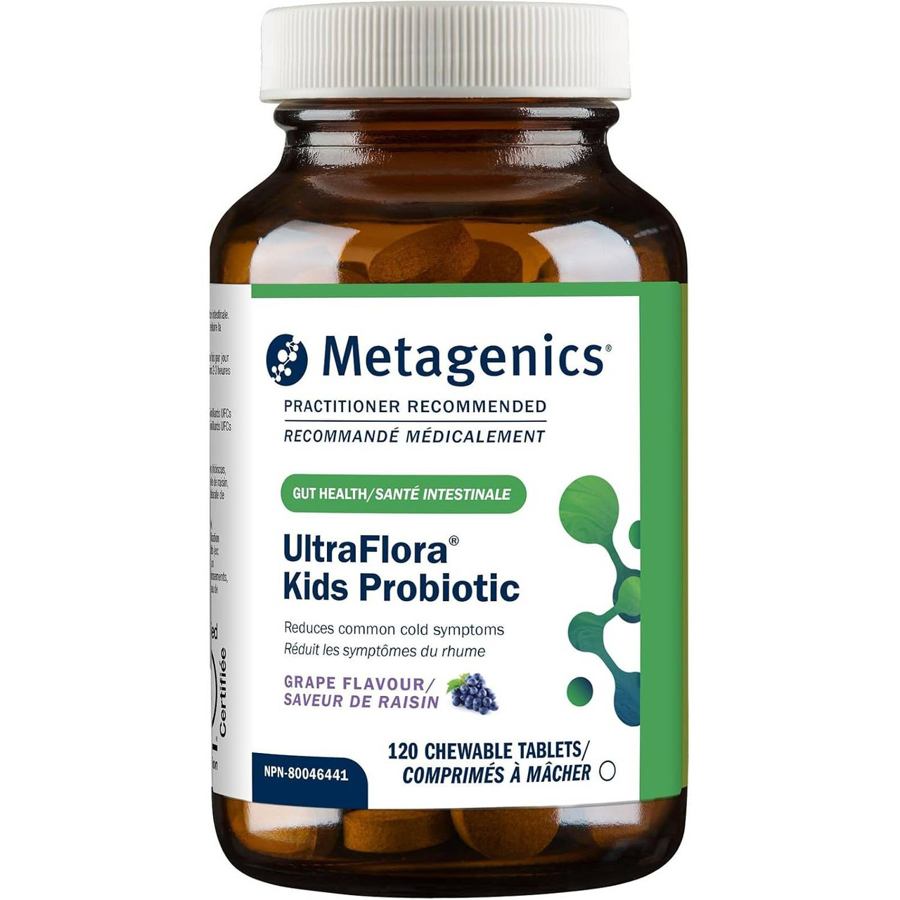 Metagenics UltraFlora Kids Probiotic 120 chewable tablet bottle, grape flavor