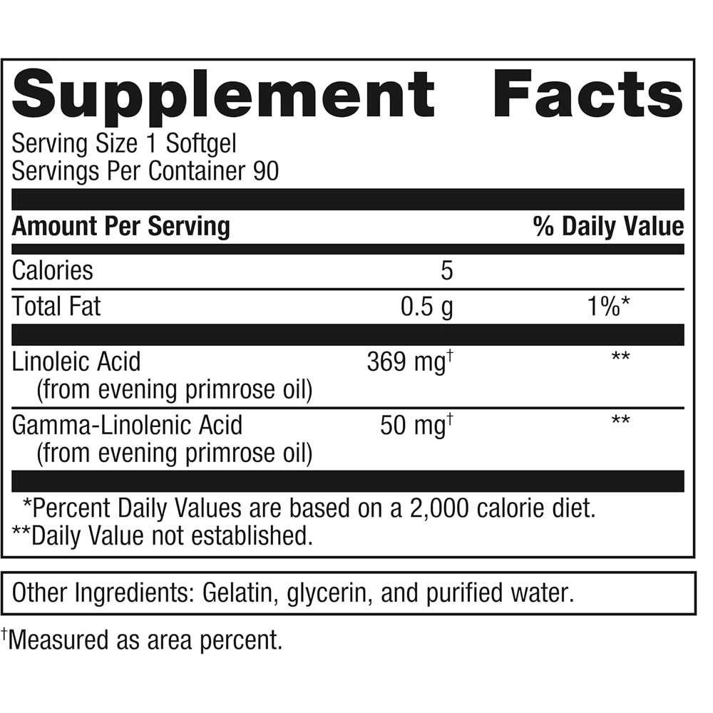 Evening Primrose Oil supplement facts, linoleic acid and GLA per softgel