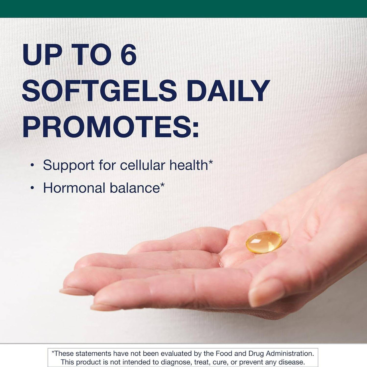 Softgel in an open palm, up to 6 softgels daily graphic