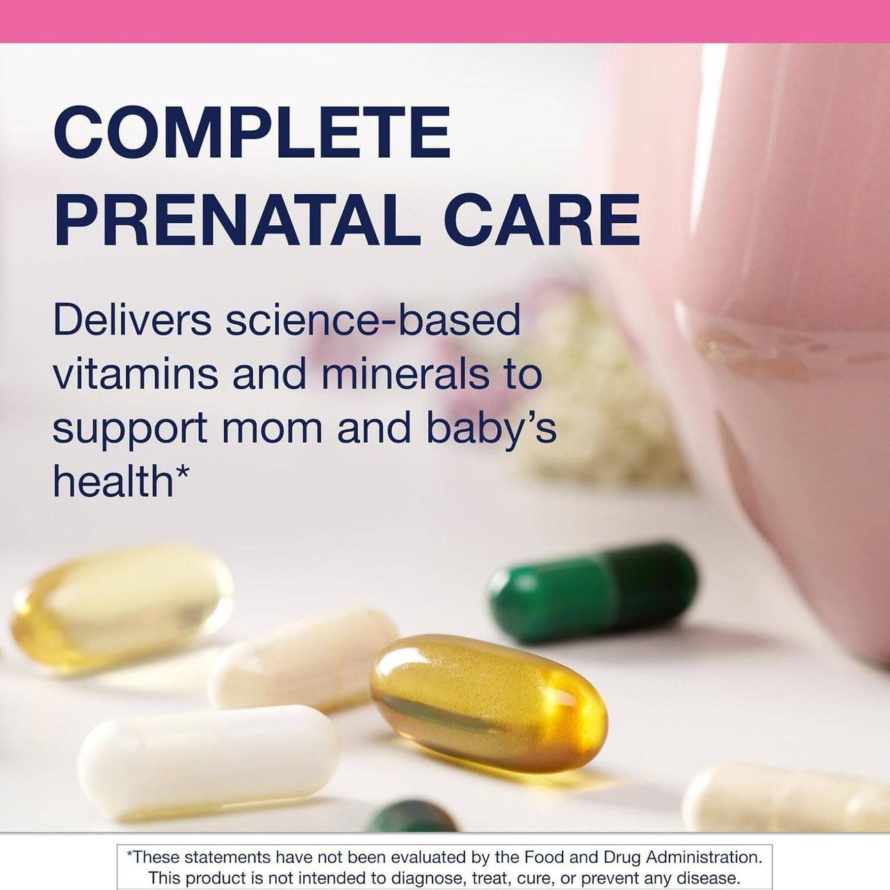 Prenatal care text over assorted capsules and softgels