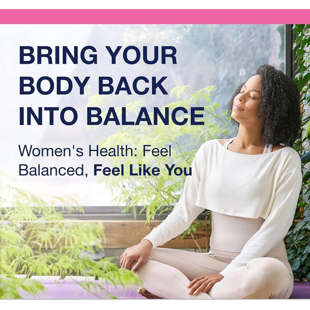 Woman sitting cross-legged meditating with women's health text