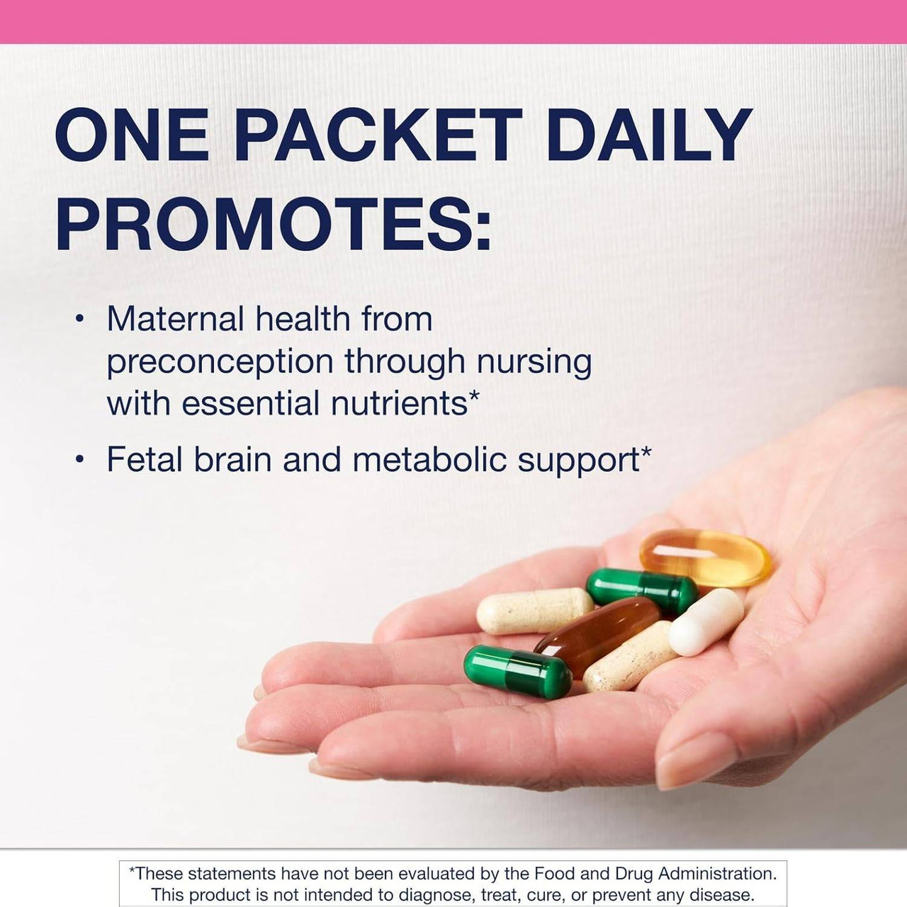 Hand holding assorted capsules with one packet daily text