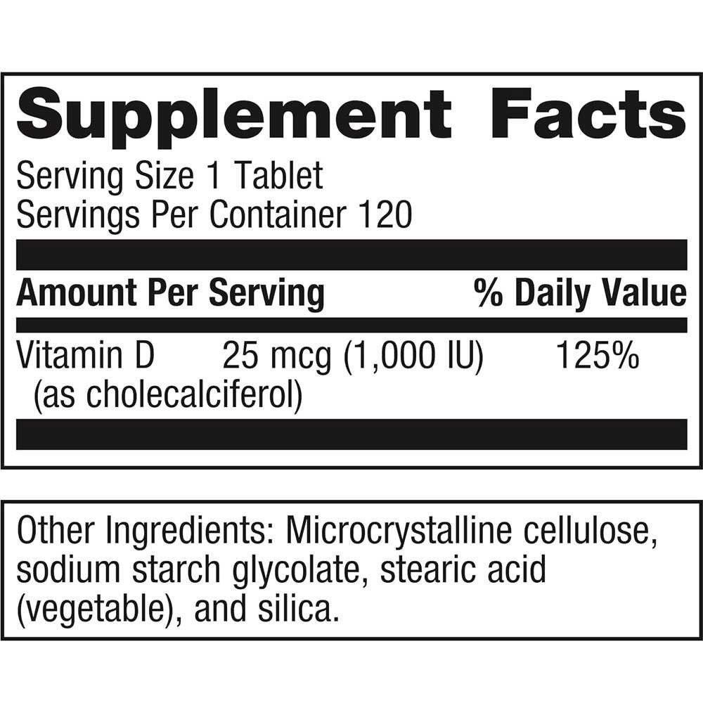 Vitamin D3 1000 supplement facts panel, 1 tablet serving