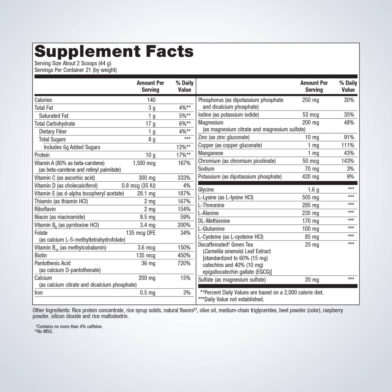Supplement facts panel for UltraClear Plus