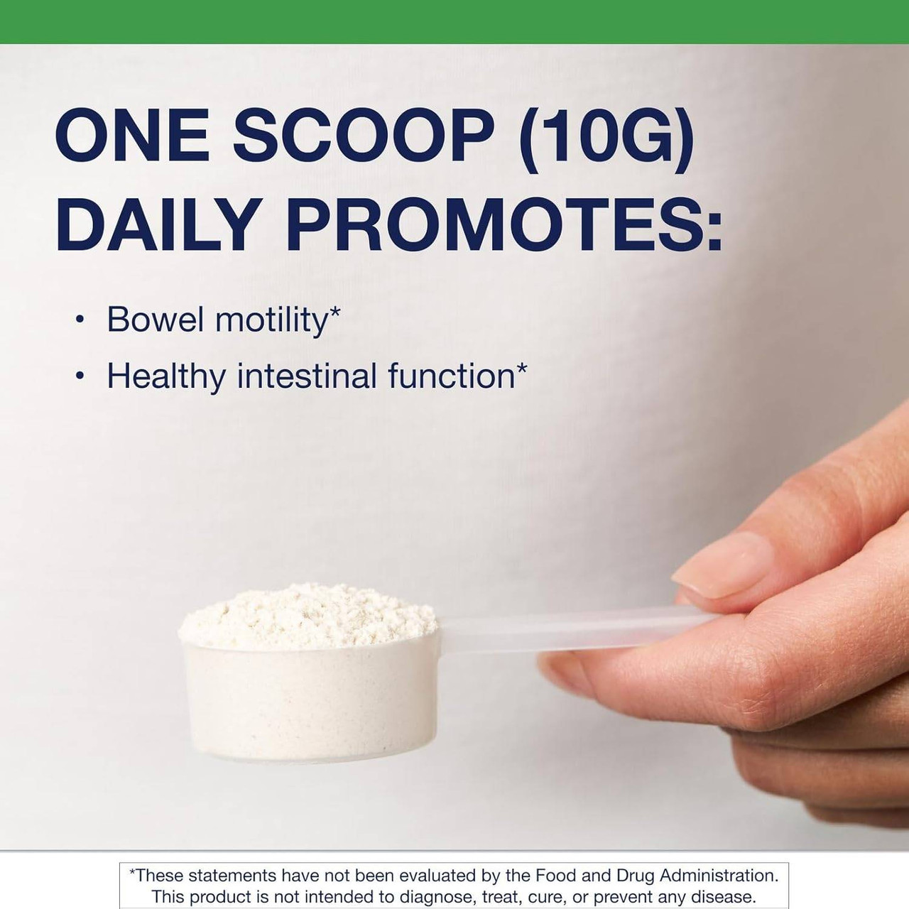 Hand holding a scoop of powder, one scoop (10 g) daily graphic