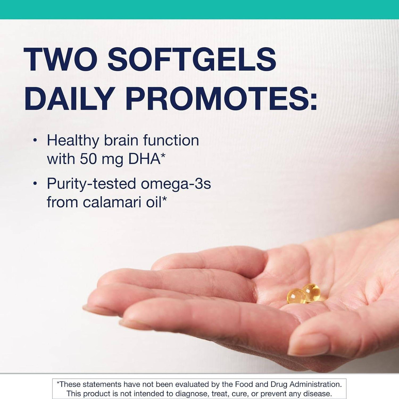 Hand holding softgels, two softgels daily graphic