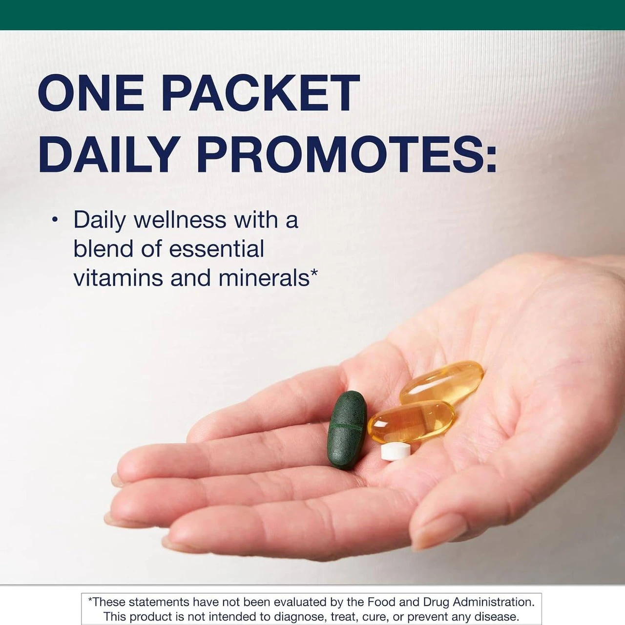 Hand holding a Wellness Essentials packet of tablets and softgels, one packet daily graphic