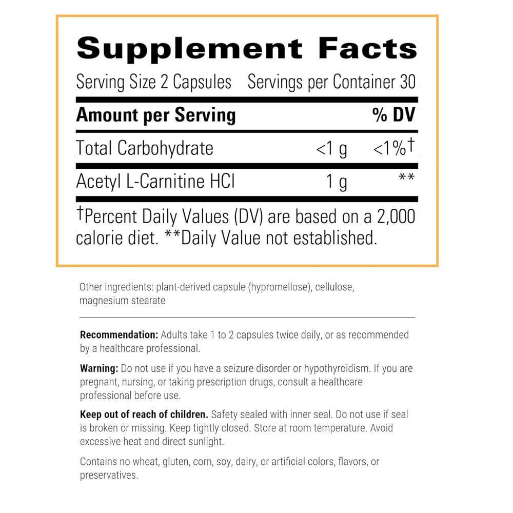 Acetyl L-Carnitine supplement facts, 2 capsule serving, 1 g acetyl L-carnitine HCl