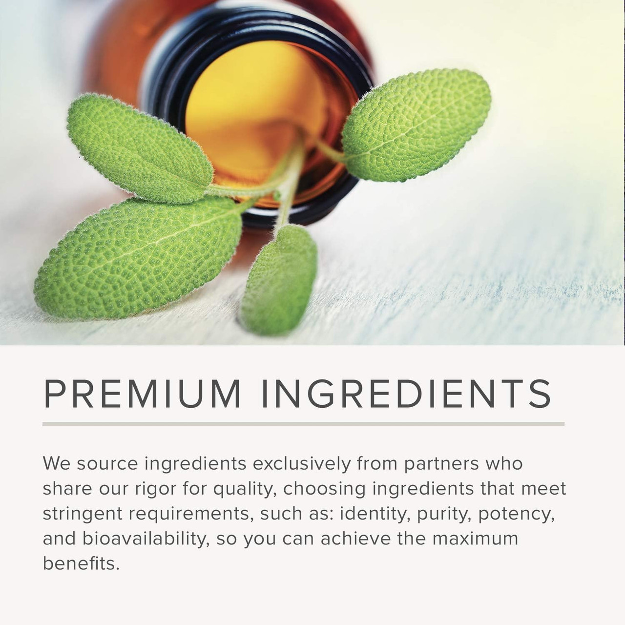 Green leaves and amber bottle, premium ingredients graphic