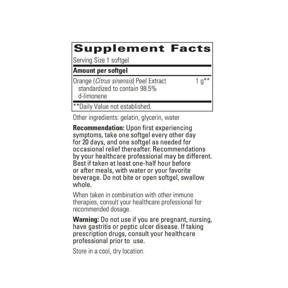 D-Limonene supplement facts, 1 softgel, orange peel extract with directions and warnings