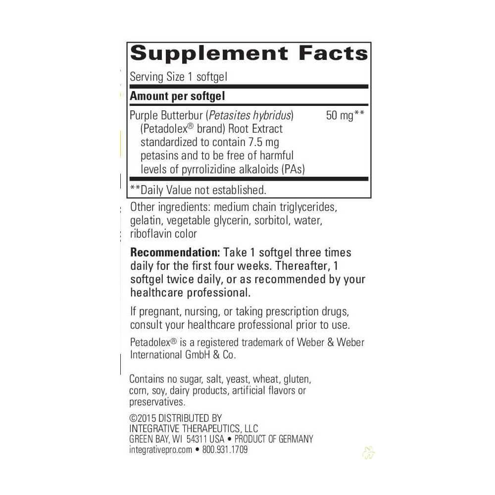 Petadolex supplement facts, 50 mg purple butterbur root extract per softgel, with recommendation and warnings