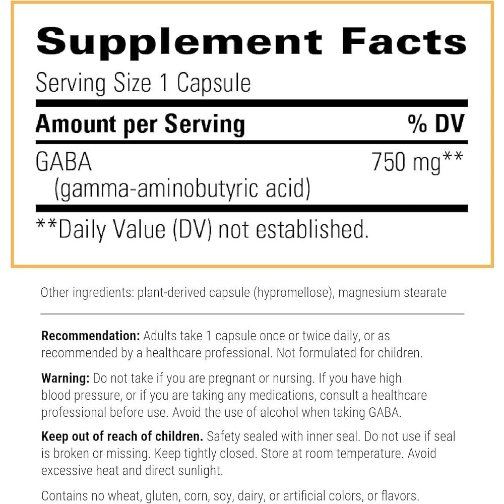 GABA supplement facts panel with recommendation and warnings