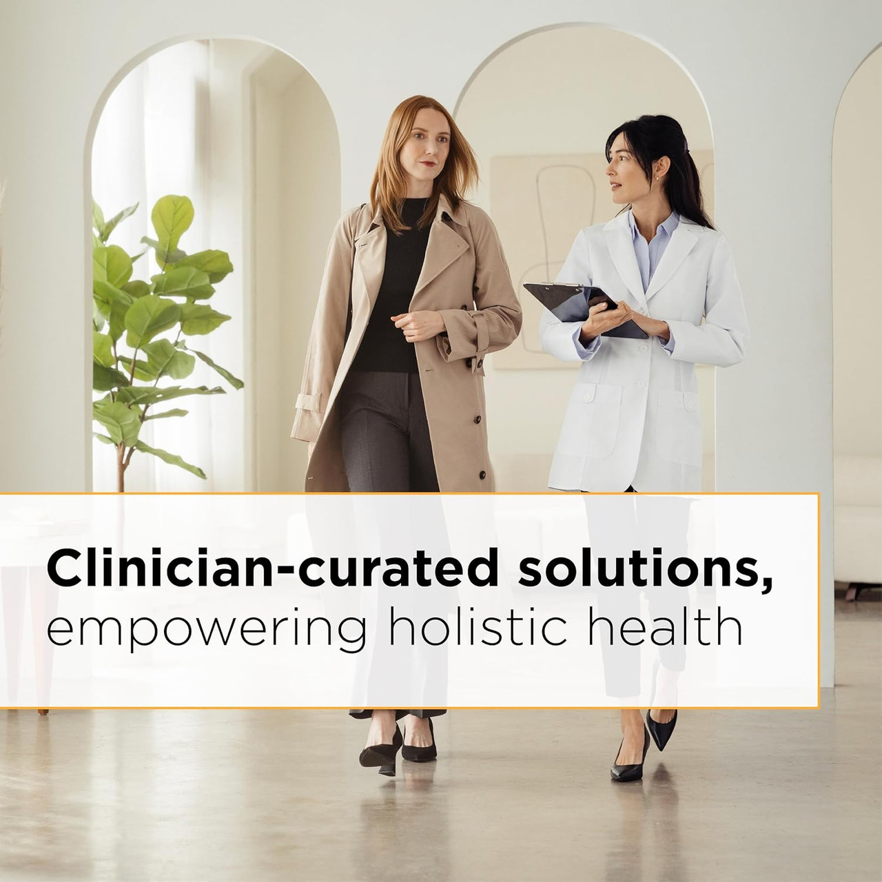 Two clinicians talking, clinician-curated solutions graphic
