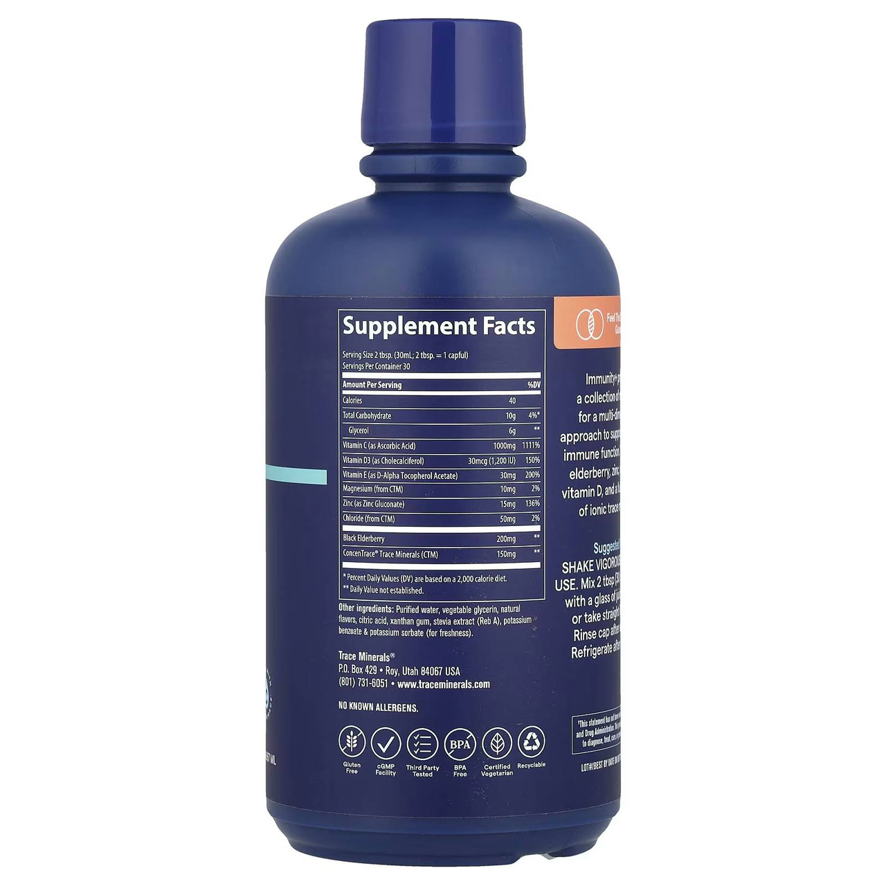Back of Liquid Immunity+ bottle with supplement facts label