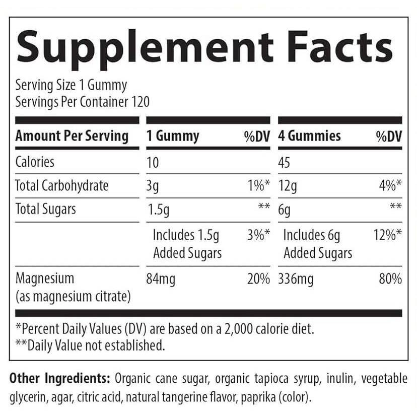 Magnesium Gummies supplement facts, 84 mg magnesium citrate per gummy, natural tangerine flavor