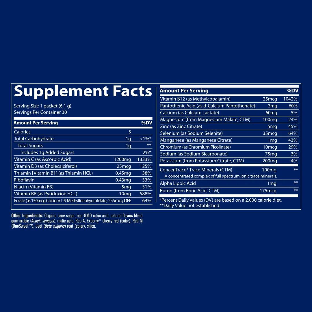 Power Pak Watermelon supplement facts panel with vitamin C, B vitamins, electrolytes and ConcenTrace minerals