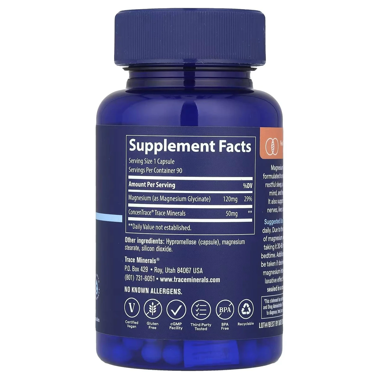 Back of the Magnesium Glycinate bottle with supplement facts