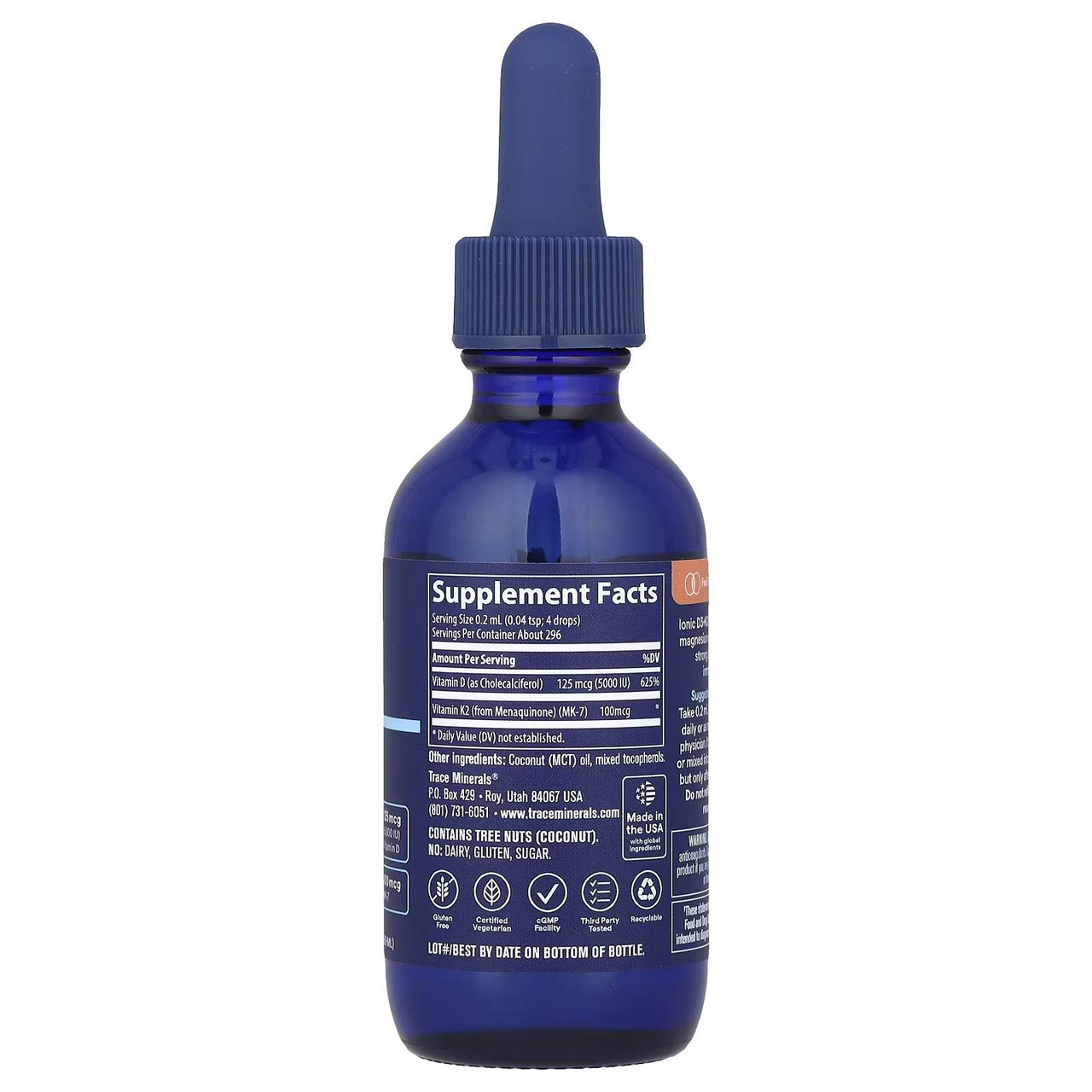 Ionic Vitamin D3 + K2 dropper bottle back label with supplement facts