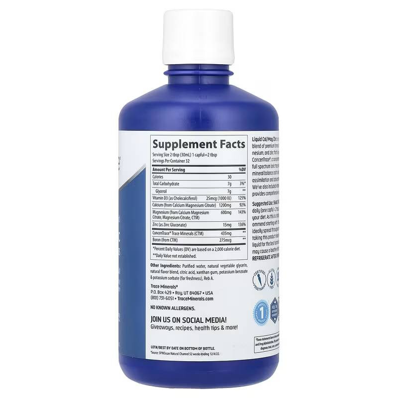 Back of Liquid Cal/Mag/Zinc bottle with supplement facts label