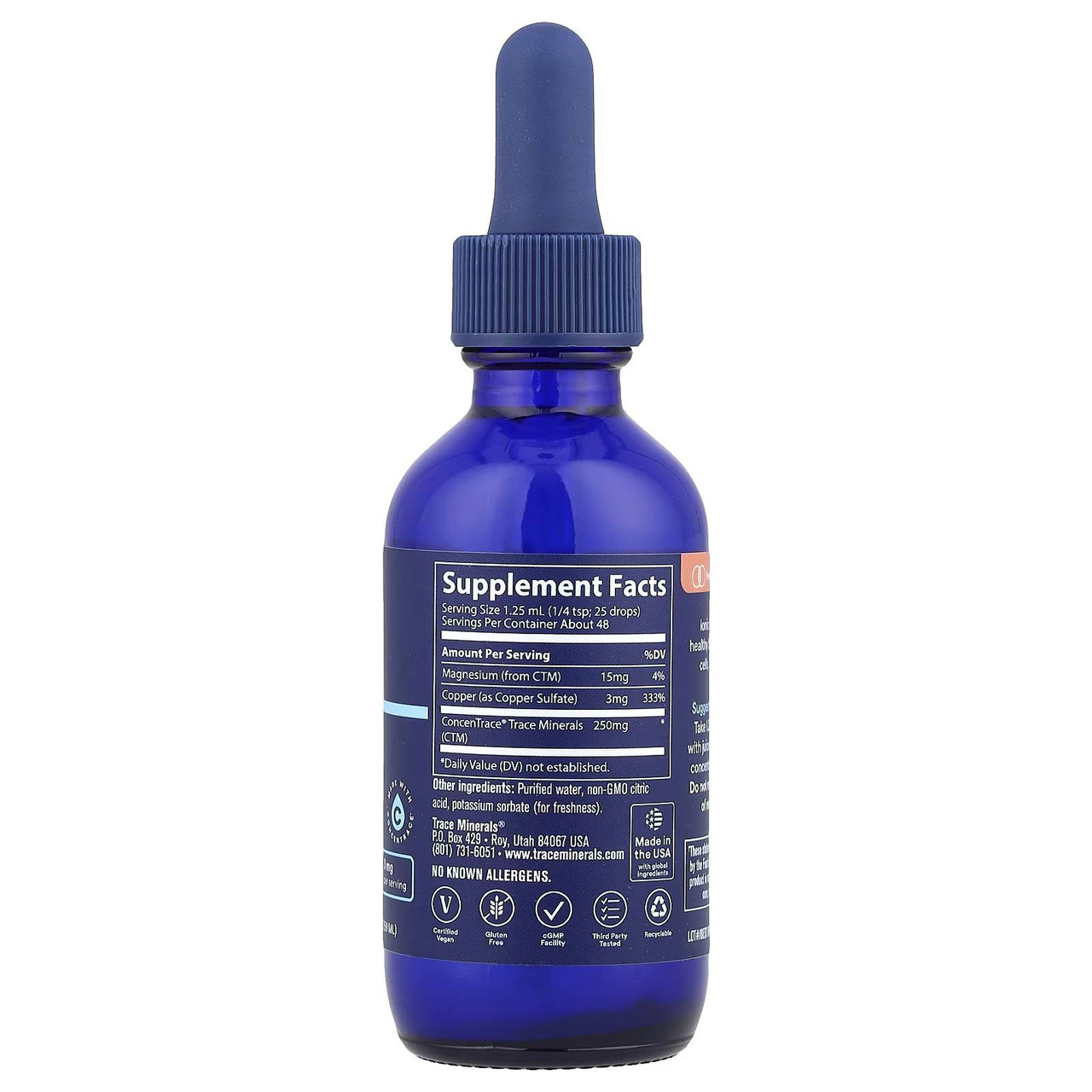 Back of Liquid Ionic Copper bottle with supplement facts label