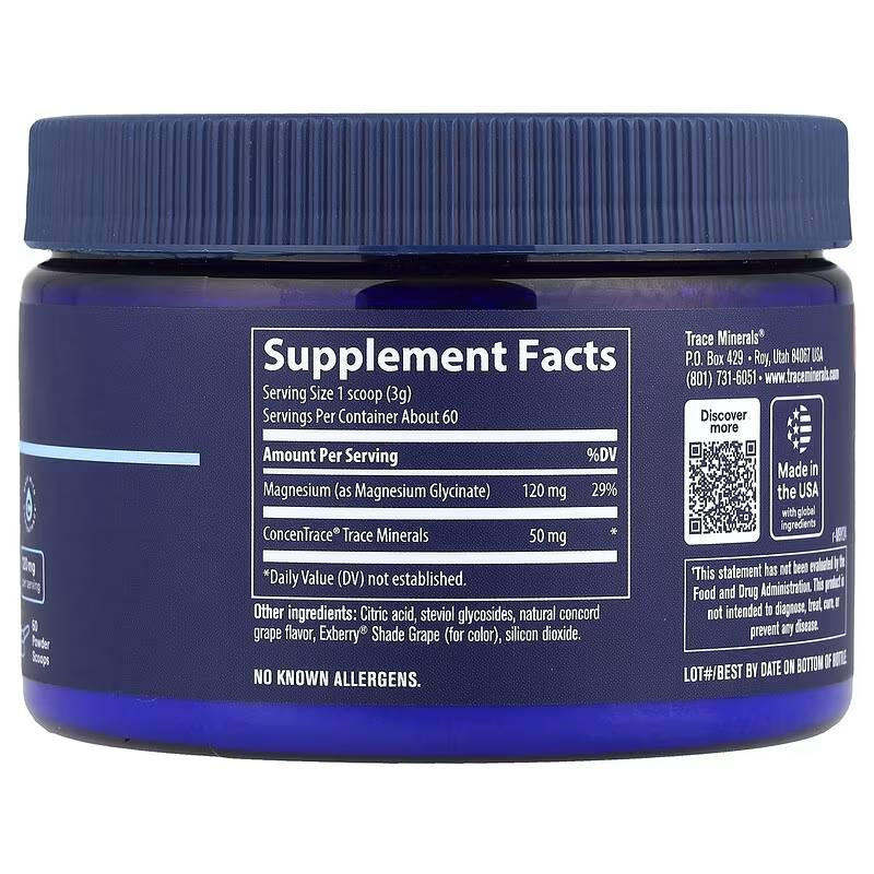 Magnesium Glycinate powder tub with supplement facts, 1 scoop serving