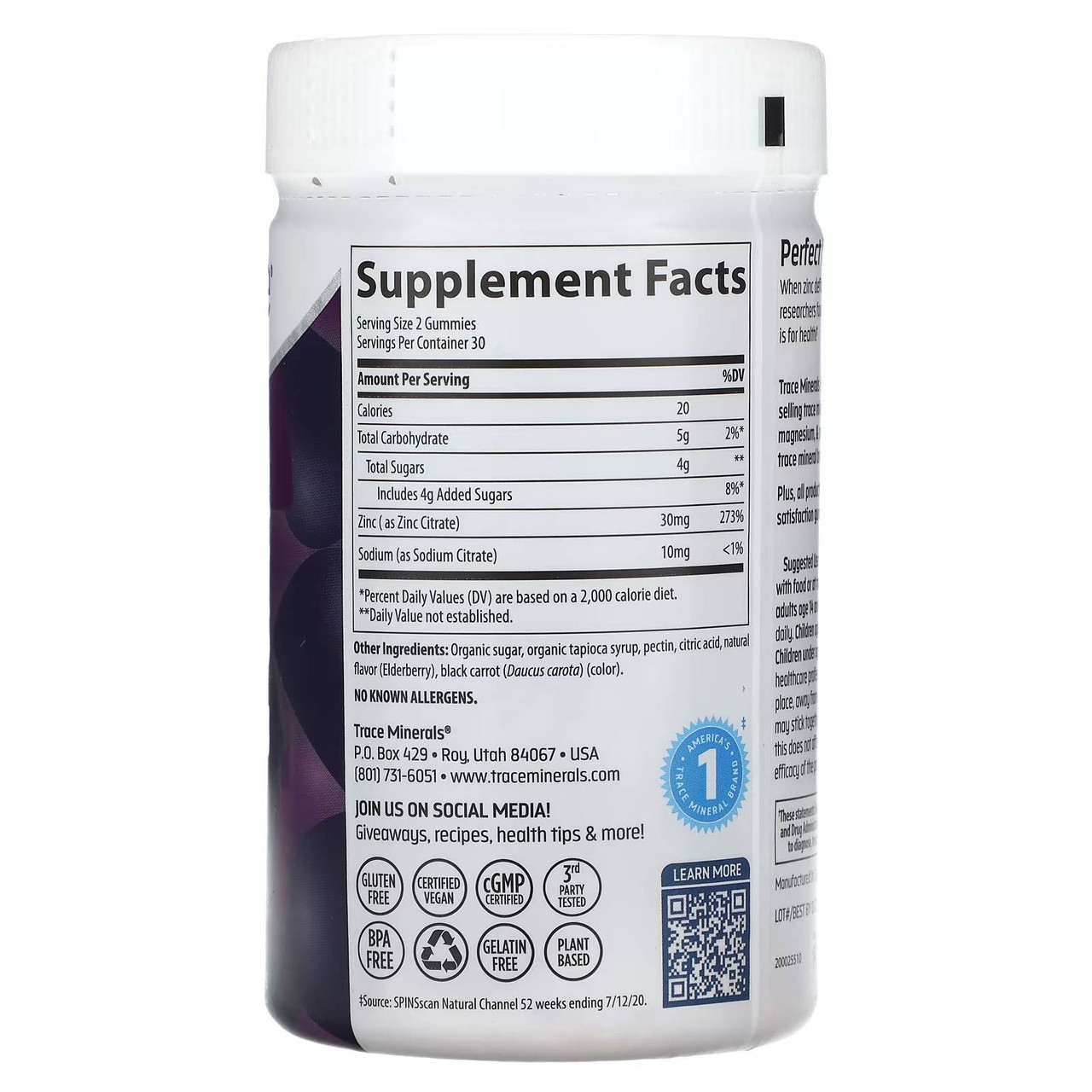 Zinc Gummies bottle back with supplement facts