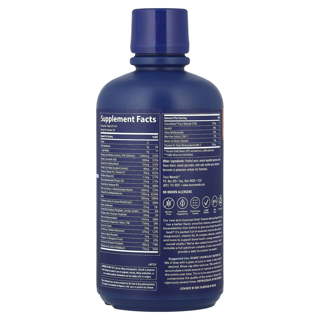 Back of Multi Vitamin-Mineral liquid bottle with supplement facts label
