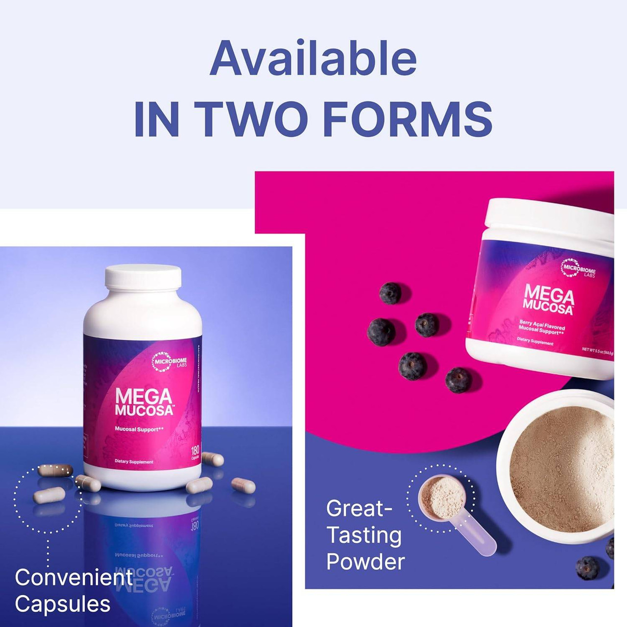 MegaMucosa shown in capsule and powder forms