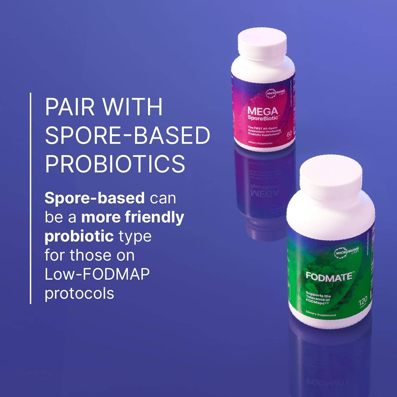 FODMATE and MegaSporeBiotic bottles with text about pairing with spore probiotics