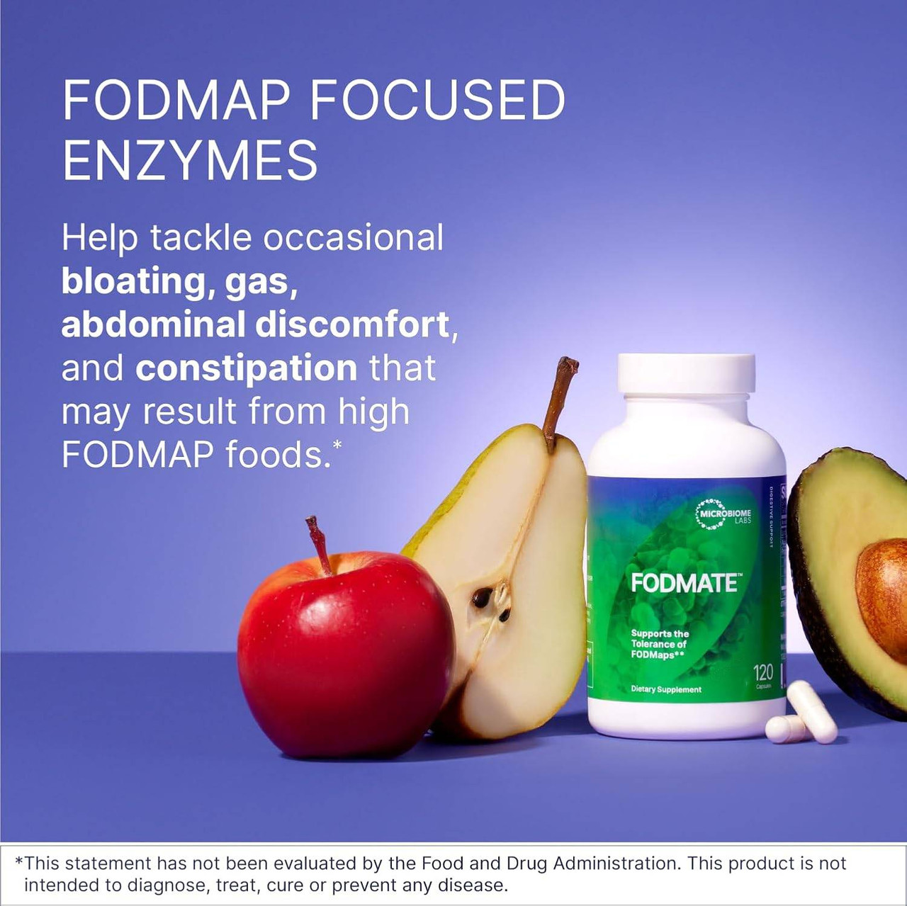 FODMATE bottle with apple, pear and avocado and FODMAP enzyme text