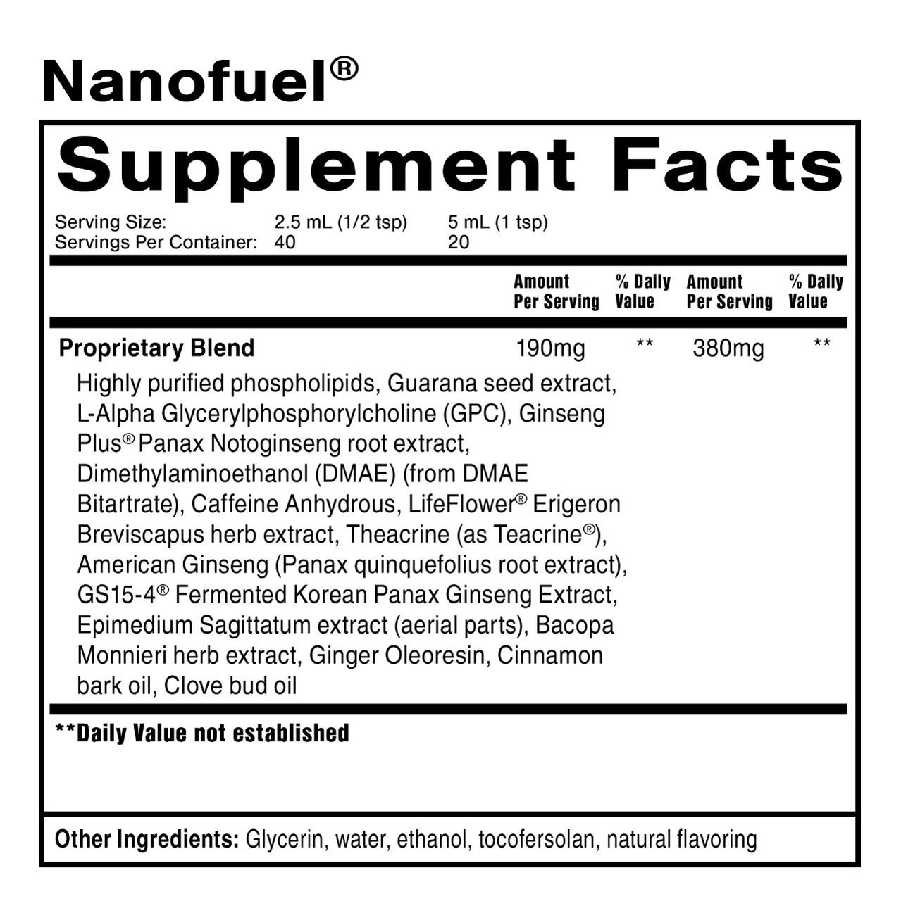 NanoFuel supplement facts with proprietary blend of phospholipids, guarana, ginseng and herbal extracts