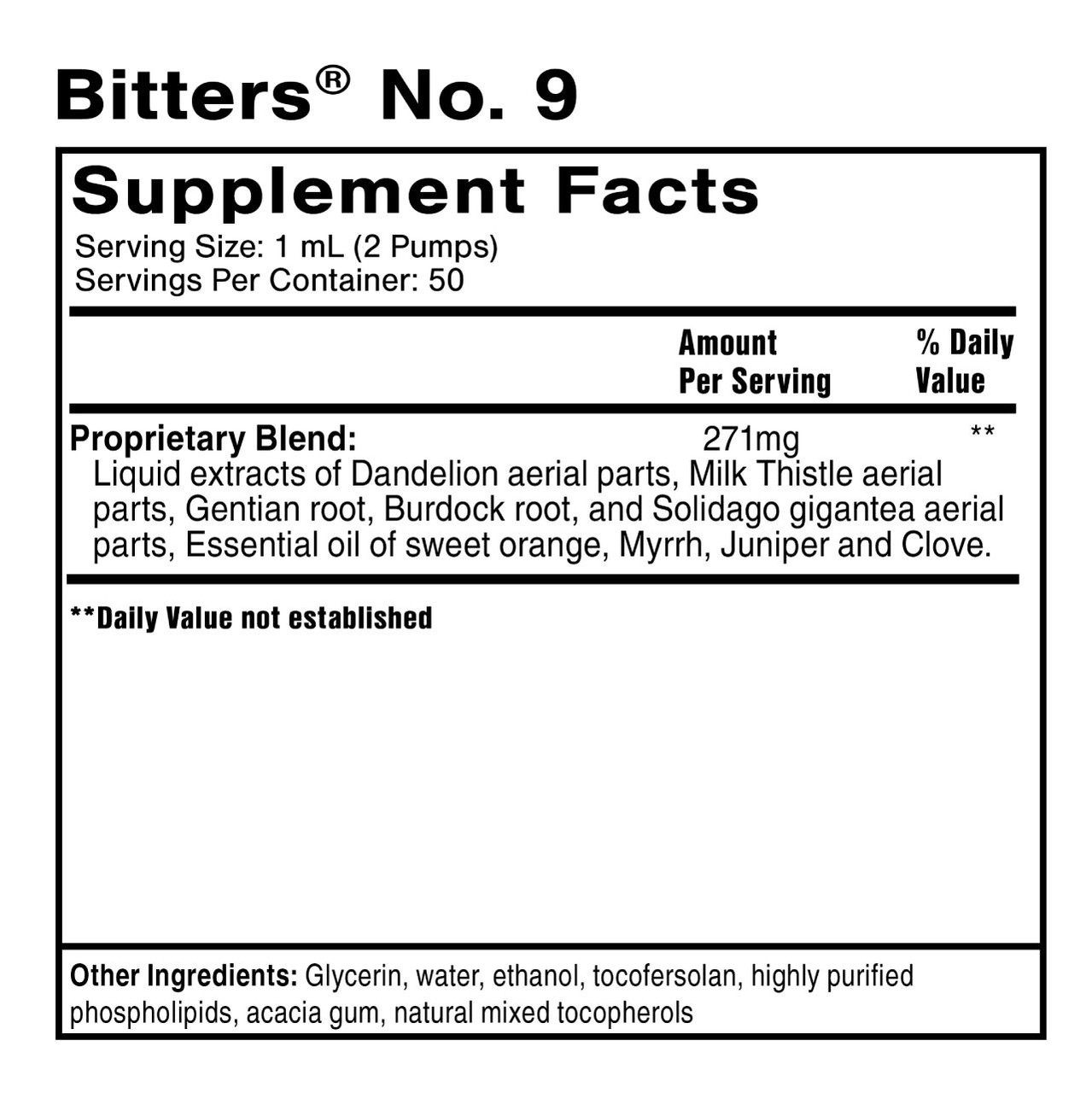 Bitters No. 9 supplement facts, 1 mL serving