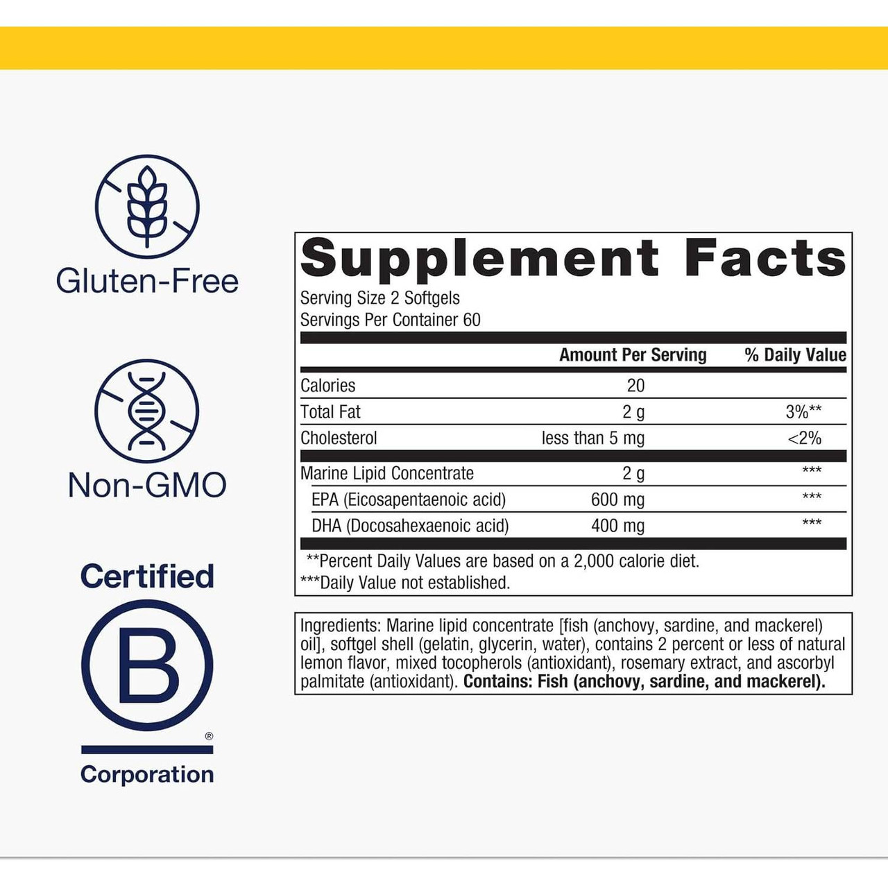 OmegaGenics EPA-DHA 500 supplement facts with gluten-free, non-GMO and B Corp icons