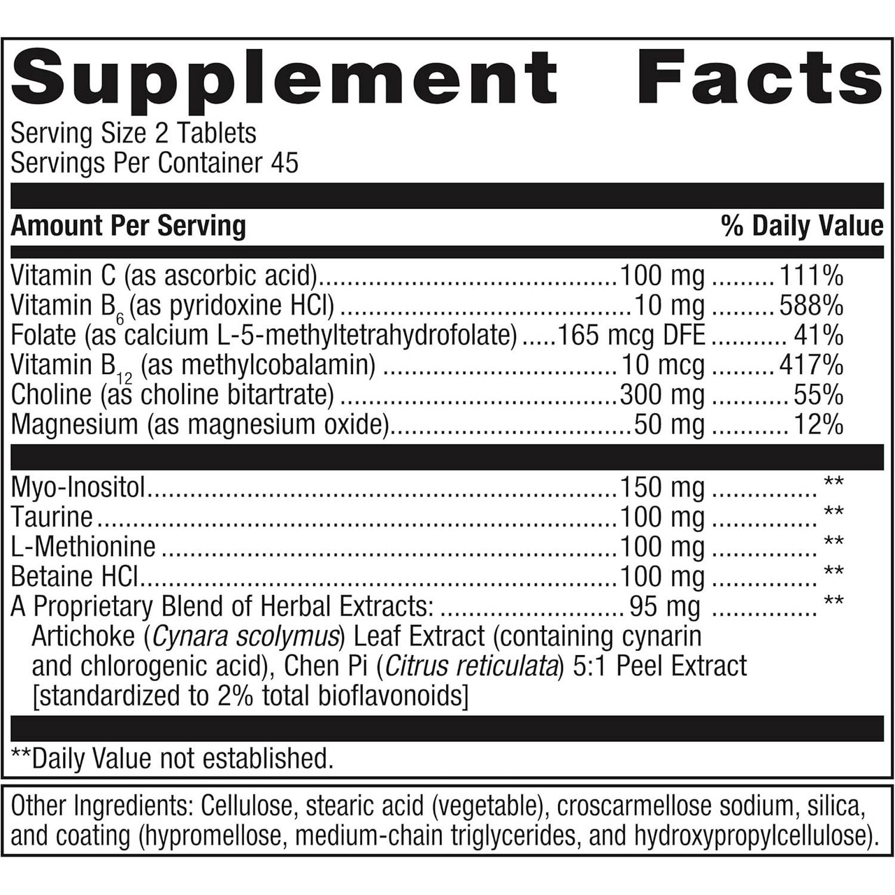 Metagenics Lipo-Gen 90 tablet supplement facts panel
