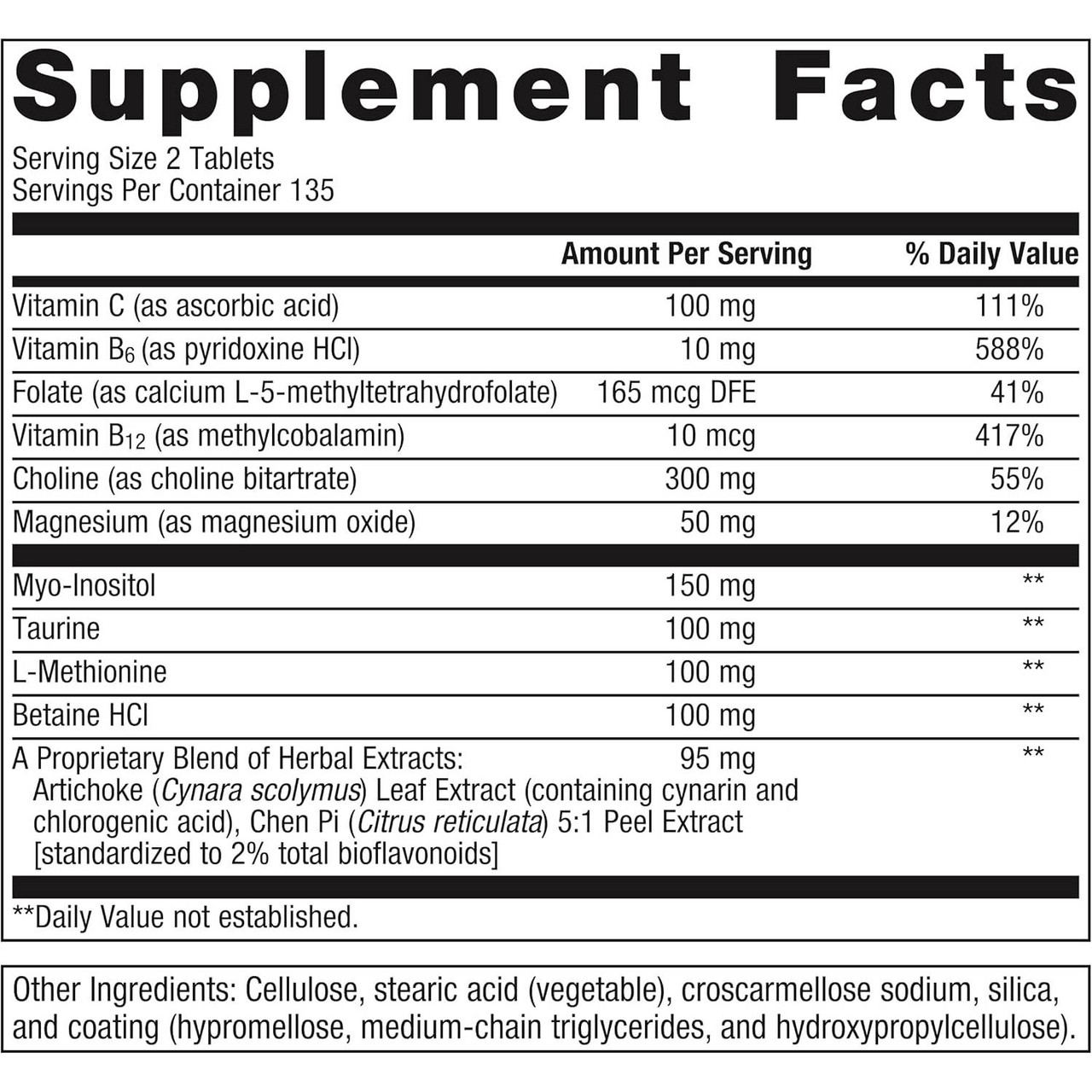 Metagenics Lipo-Gen 270 tablet supplement facts panel