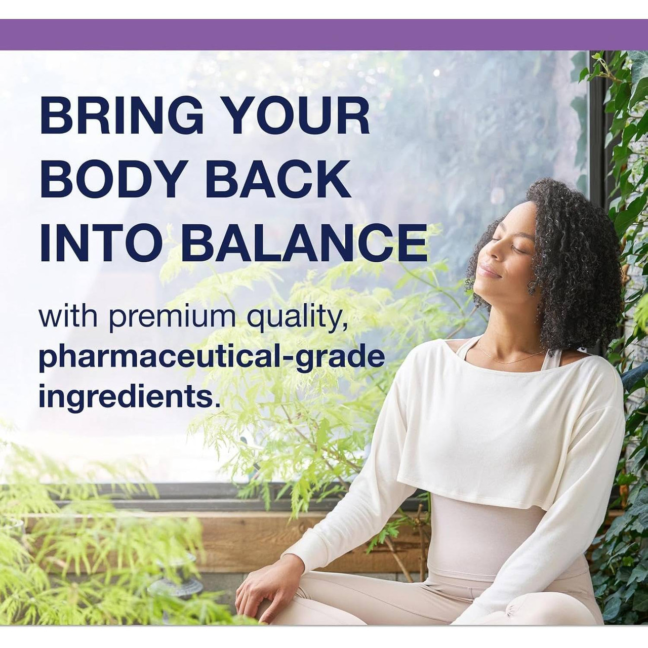 Woman stretching outdoors, bring your body back into balance graphic