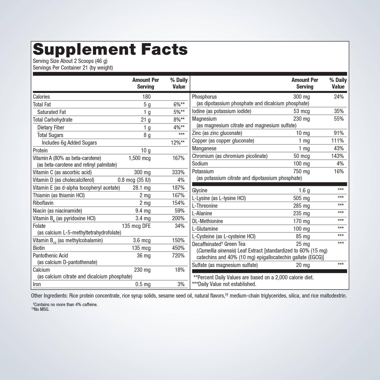 UltraClear Plus pH Pineapple Banana supplement facts panel, about 2 scoops (46 g) serving