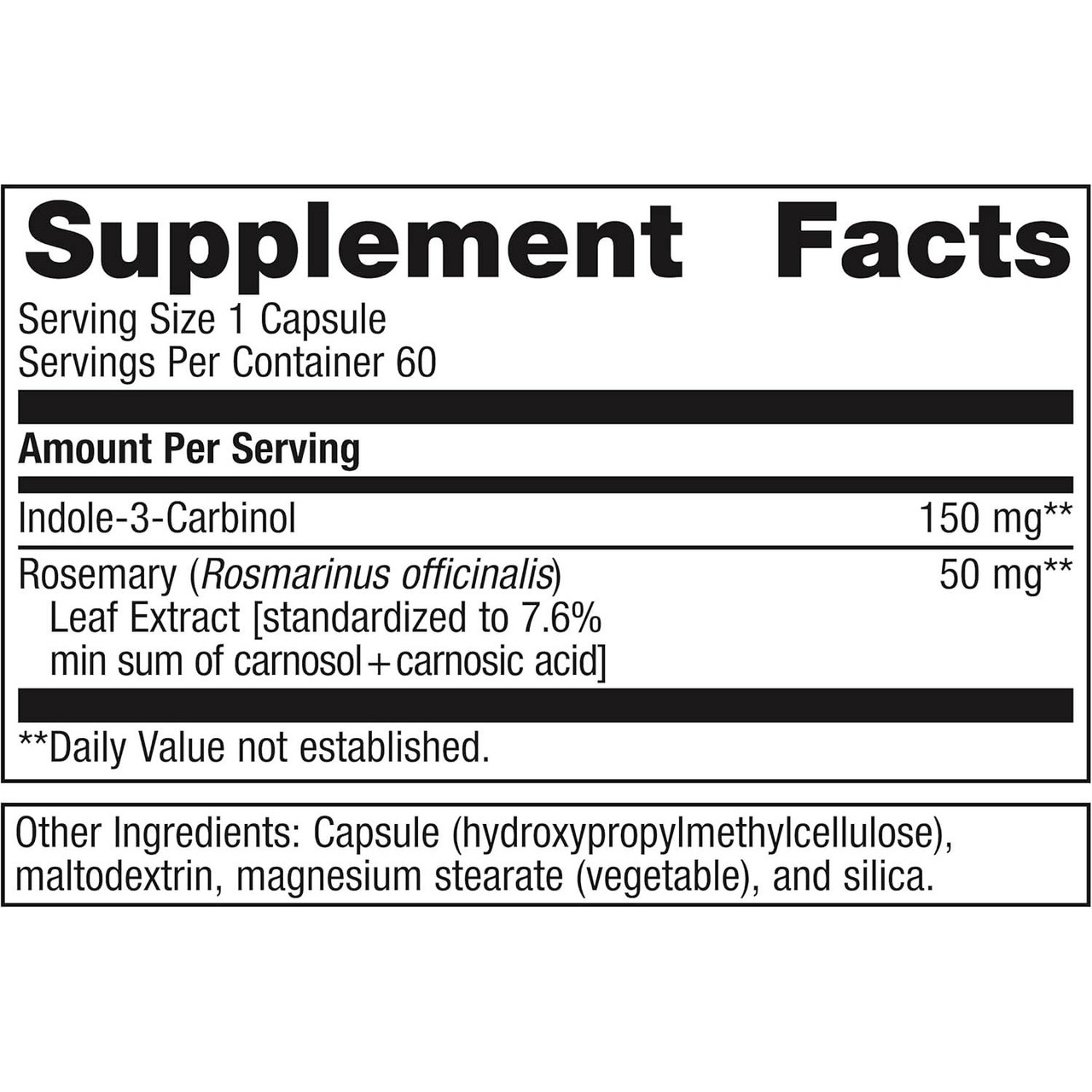 Indole-3-Carbinol supplement facts panel, 60 servings