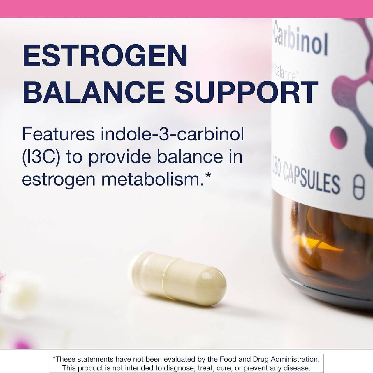 Capsule beside the bottle, estrogen balance support graphic