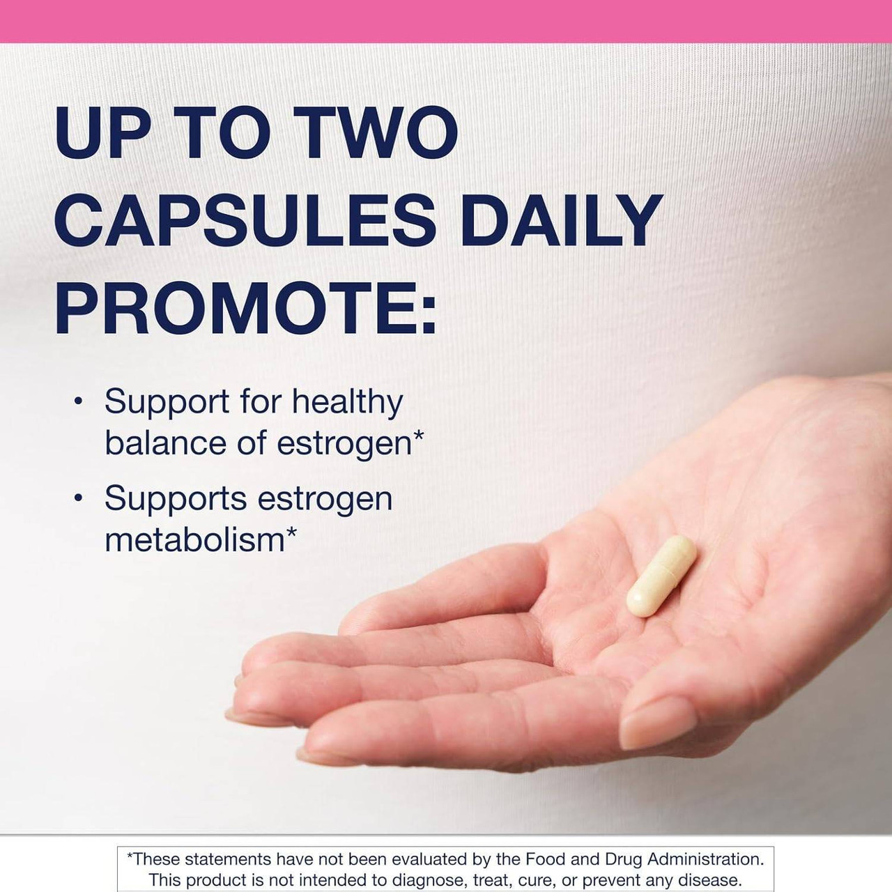 Capsule in an open hand, up to two capsules daily graphic
