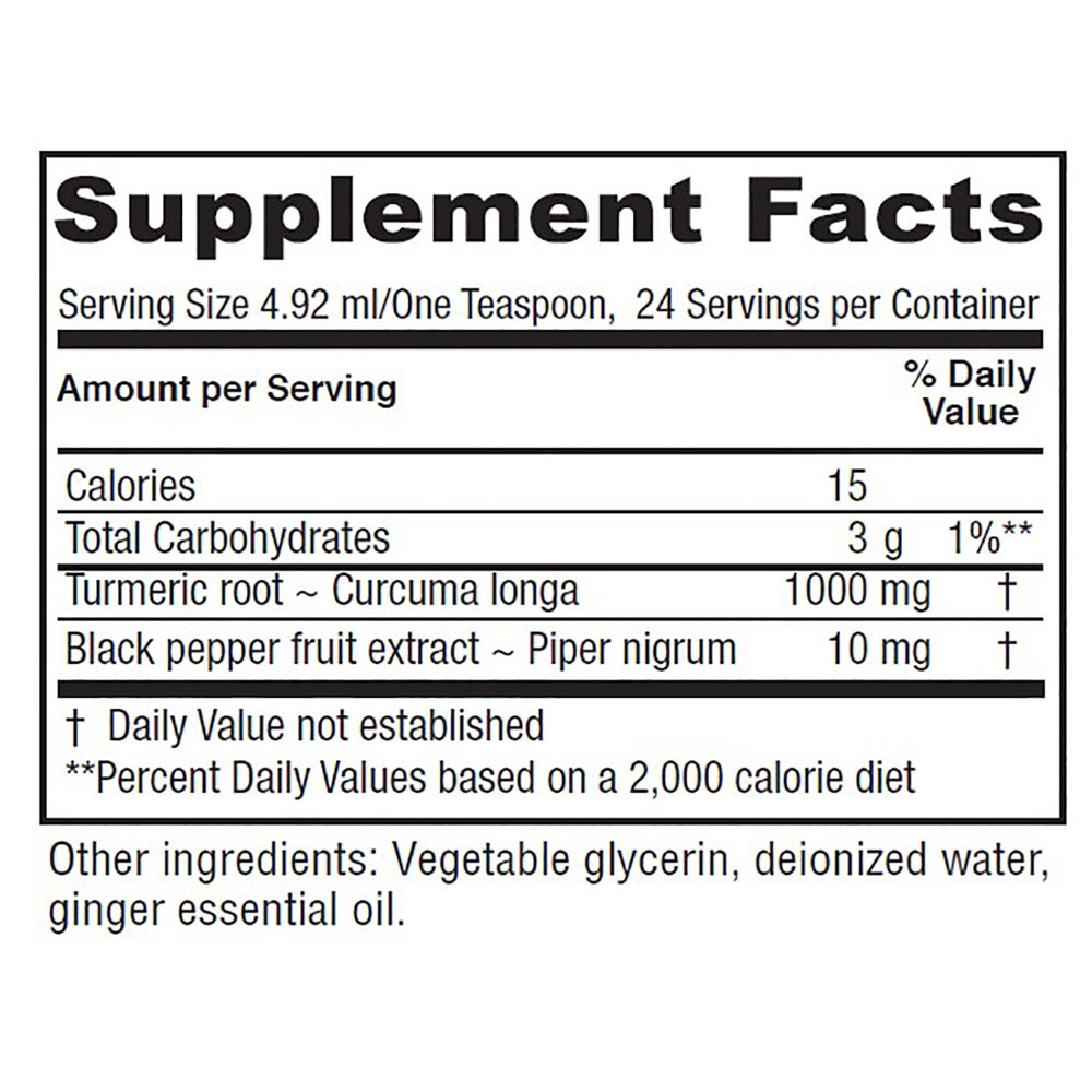 Turmeric Tonic supplement facts, 1000 mg turmeric root and 10 mg black pepper fruit extract per teaspoon